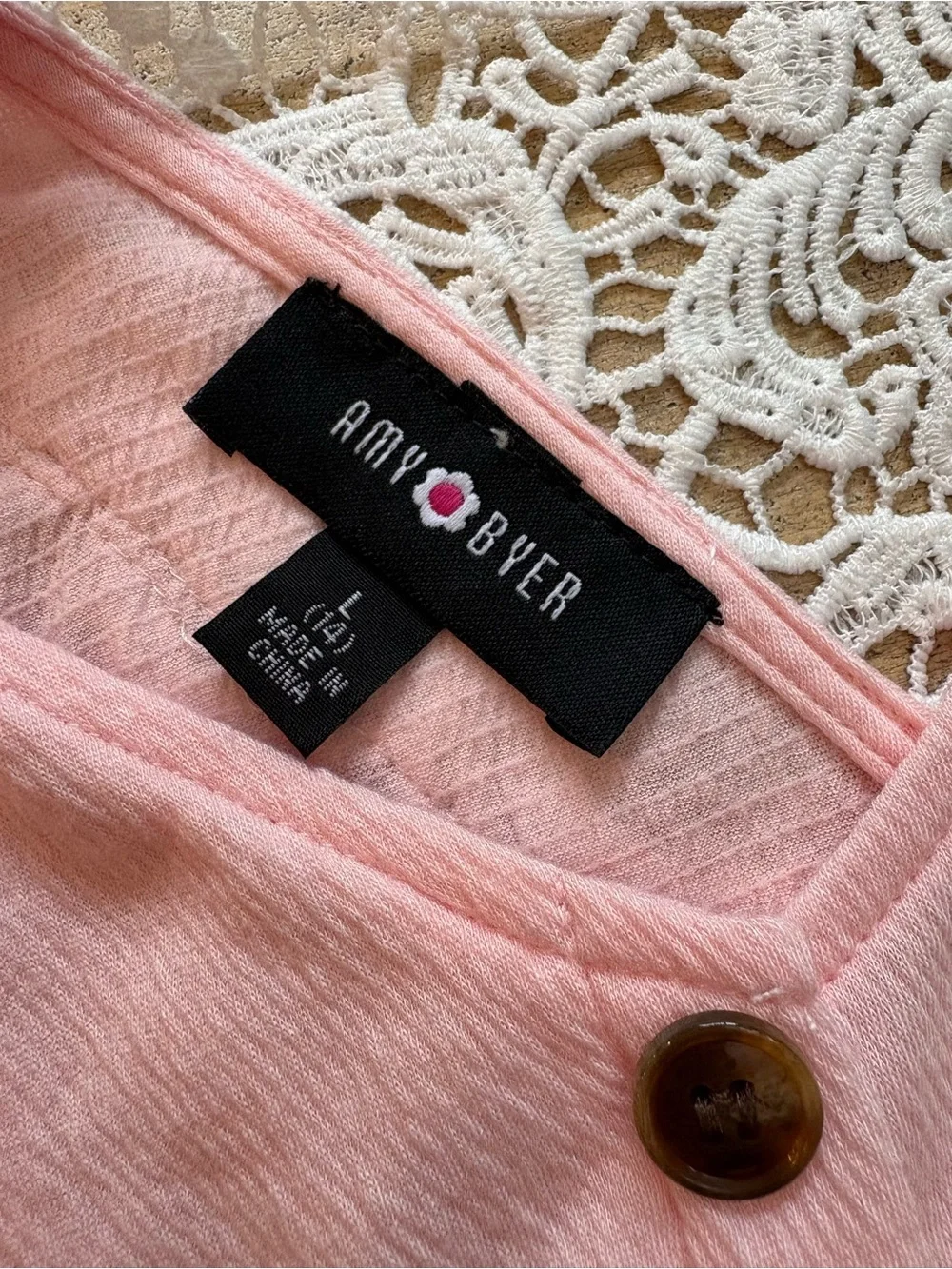 Amy Byer Soft Pink Button-Front Tank with Lace Detail